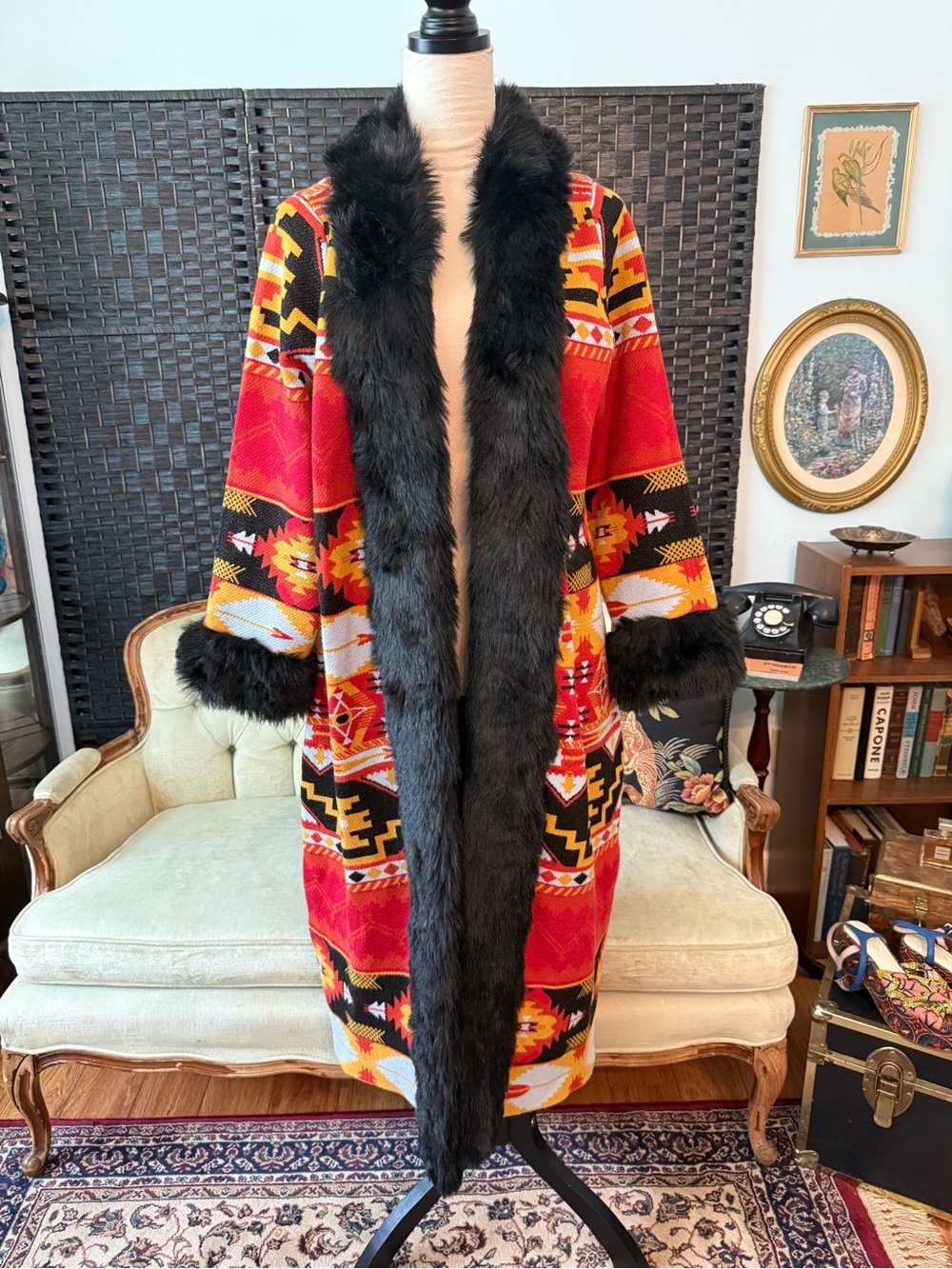 🔥🖤 Midnight Velvet Southwestern Blanket Coat Duster Faux Fur Trim Western Sz L